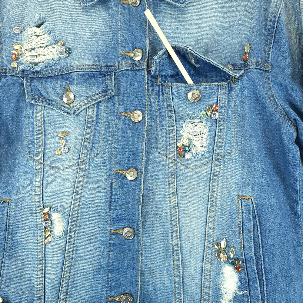 Kensie Embellished Distressed Jean Jacket Women S Denim Blue Long Sleeve - Picture 9 of 13